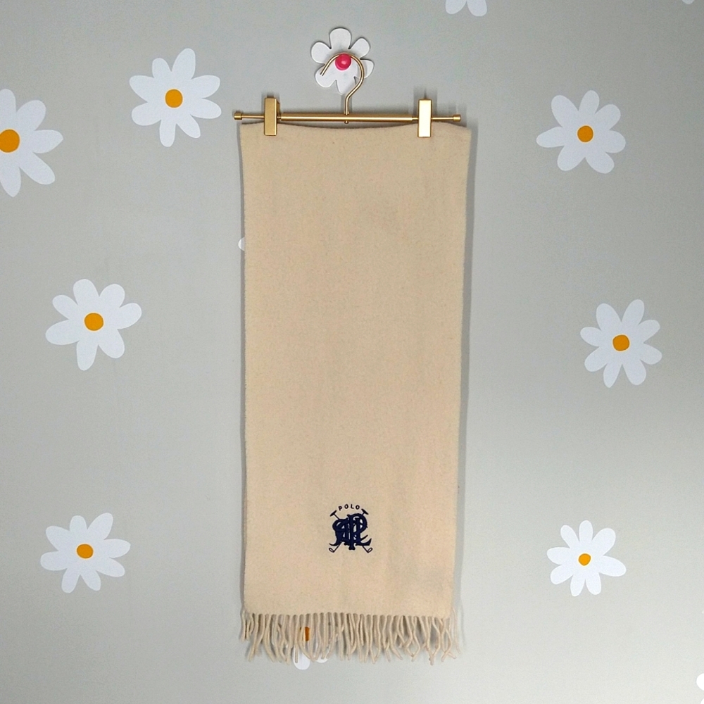 Polo Ralph Lauren Cream 100% Lambswool Blue Ralph Lauren Logo Fringe Scarf